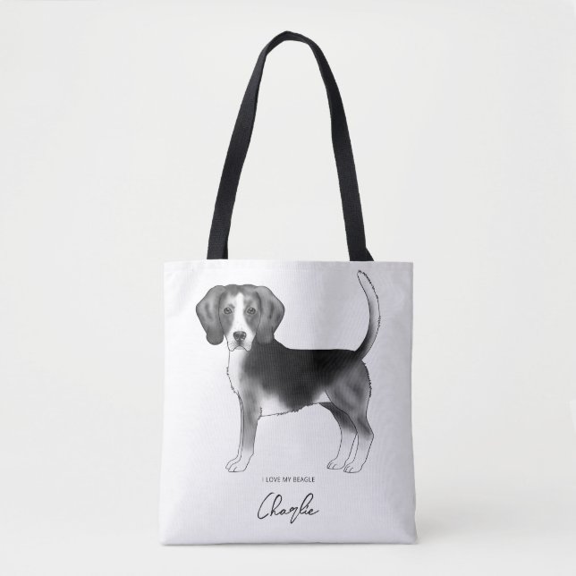 Bolsa Tote Cachorro Beagle em Preto e Branco e Texto Personal (Frente)