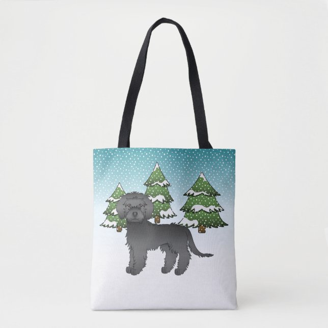 Bolsa Tote Cachorro Black Mini Goldendoodle em uma Floresta d (Frente)