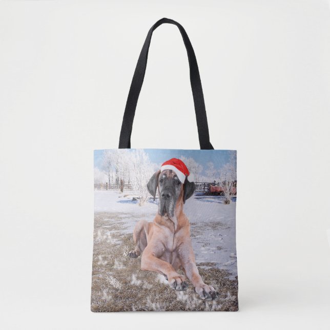 Bolsa Tote Cachorro Bonito Sentado No Chapéu De Natal Da Neve (Frente)