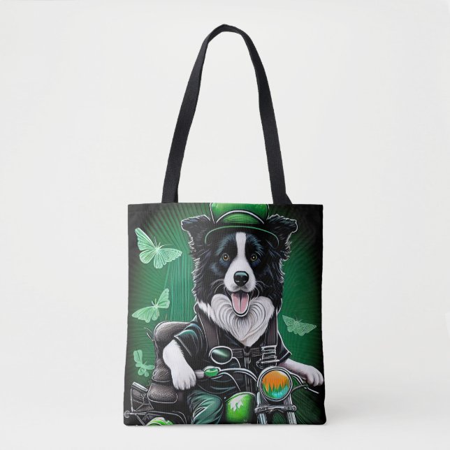 Bolsa Tote Cachorro Border Collie Dirigindo Bicicleta Dia de  (Frente)