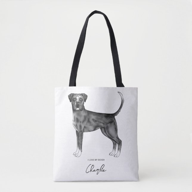 Bolsa Tote Cachorro Boxer Alemão Preto e Branco & Texto Perso (Frente)
