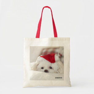 Bolsa Tote Cachorro Branco giro em chapéu vermelho de Natal