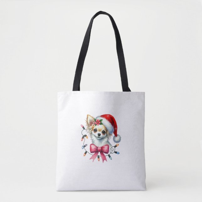 Bolsa Tote Cachorro Chihuahua com Arco Coquette de Natal (Frente)