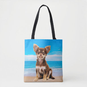 Bolsa Tote Cachorro Chihuahua sentado em praia tropical