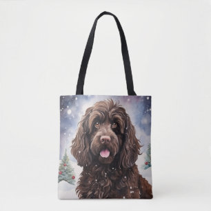 Bolsa Tote Cachorro Chocolate Cockapoo em Cena de Inverno