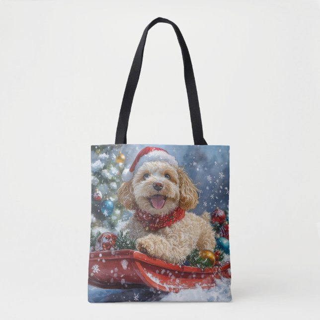 Bolsa Tote Cachorro Cockapoo em Trenó Deixe Nevar Natal (Frente)