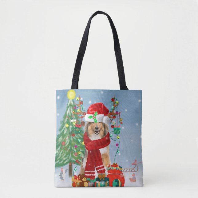 Bolsa Tote Cachorro Collie em neve presente de Natal (Frente)
