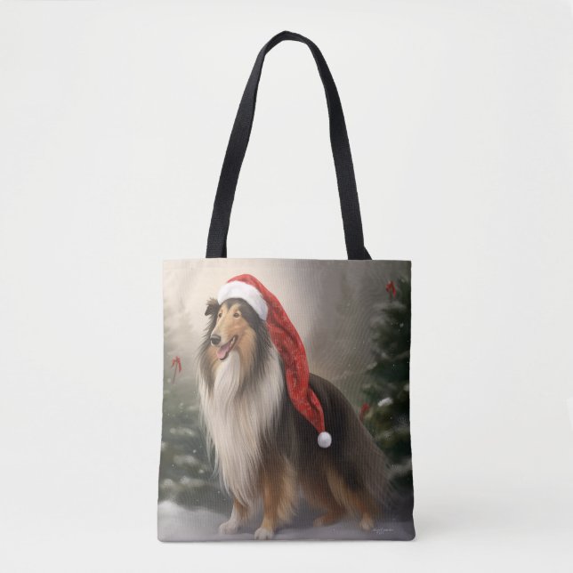 Bolsa Tote Cachorro Collie em Snow Christmas (Frente)
