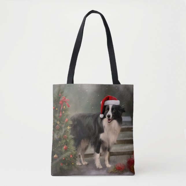 Bolsa Tote Cachorro Collie Fronteira no Natal da neve (Frente)