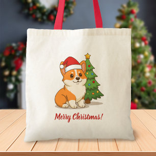 Bolsa Tote Cachorro Corgi Fofo com um Chapéu Vermelho com Árv
