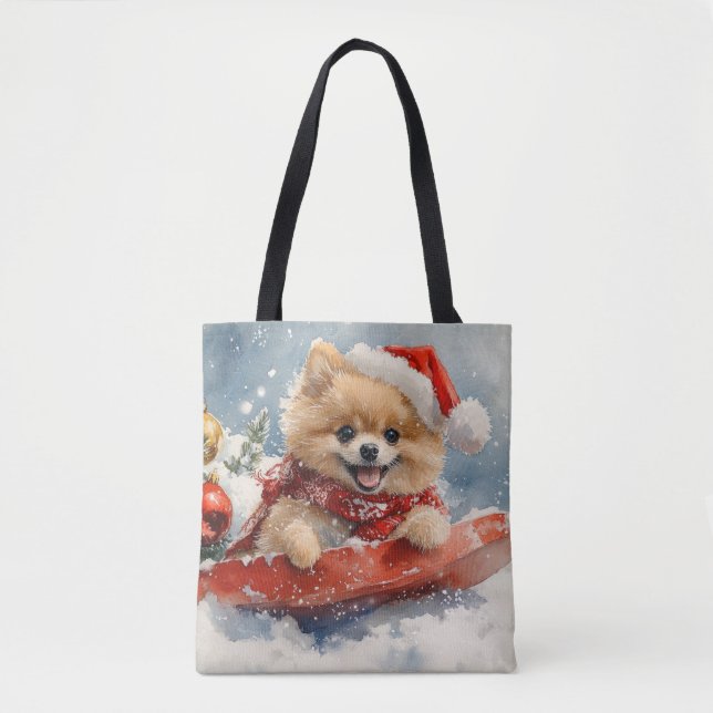 Bolsa Tote Cachorro da Pomerânia em Lama Deixe-o nevar no Nat (Frente)