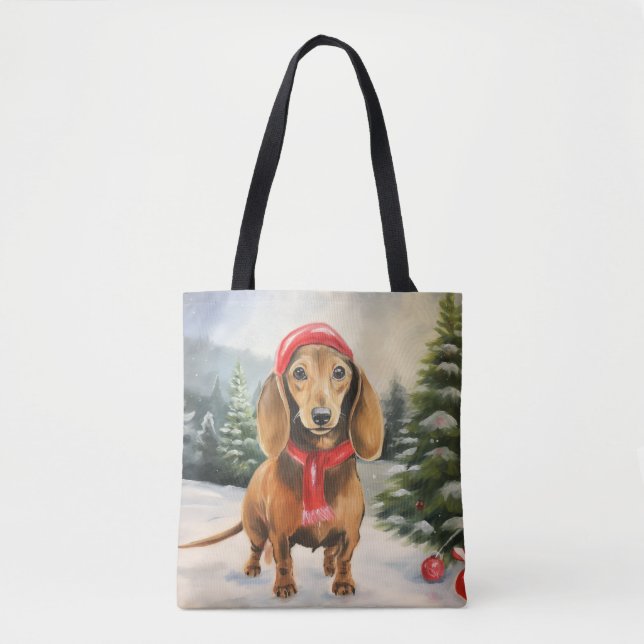 Bolsa Tote Cachorro Dachshund na Neve Natal  (Frente)