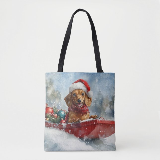 Bolsa Tote Cachorro Dachshund Sledge Deixe-o nevar no Natal (Frente)