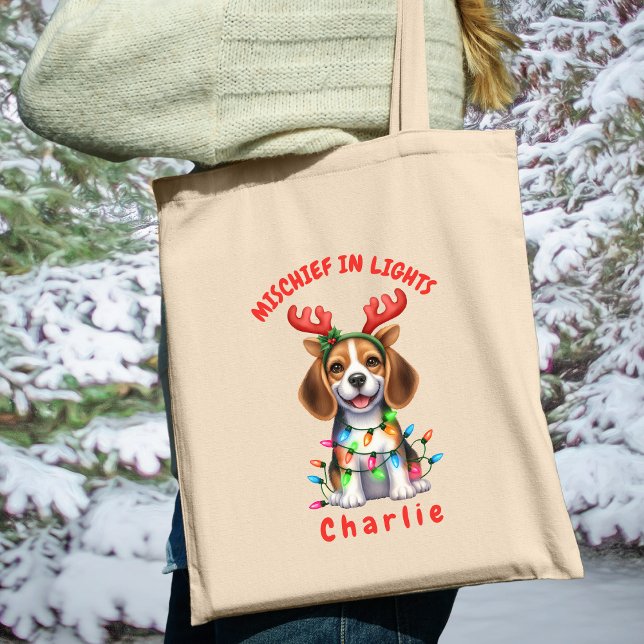 Bolsa Tote Cachorro das Luzes de Natal da Beagle com Aquarela (Carry festive cheer with this custom fun Beagle dog tote bag. A perfect gift for dog lovers.)