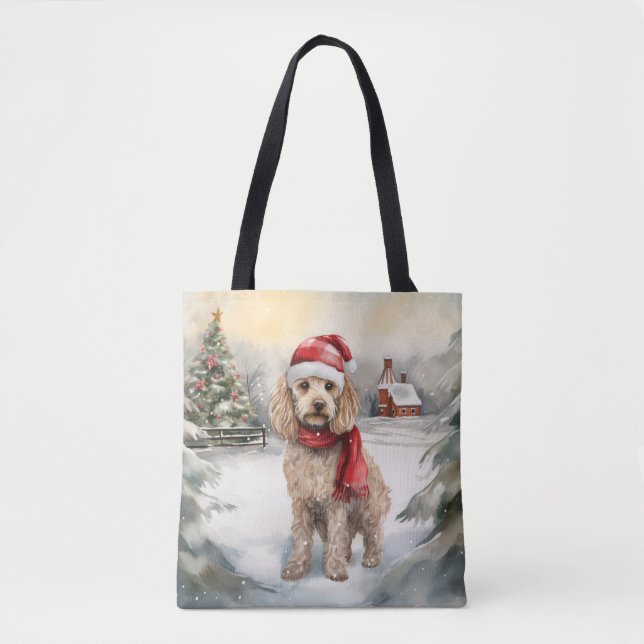 Bolsa Tote Cachorro de Cockapoo no Natal da Neve (Frente)