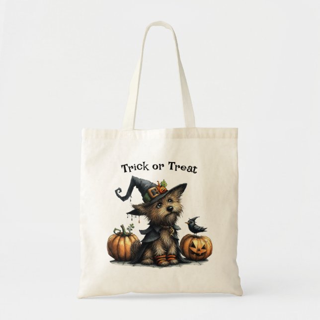 Bolsa Tote Cachorro de Halloween em Truque de Chapéu de Bruxa (Frente)