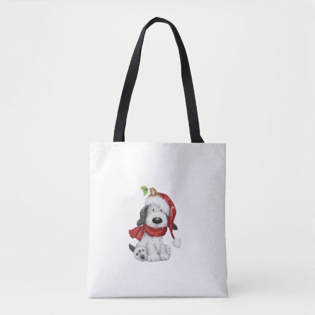 Bolsa Tote Cachorro de Natal bonito com Papai Noel e Scarf (Frente)