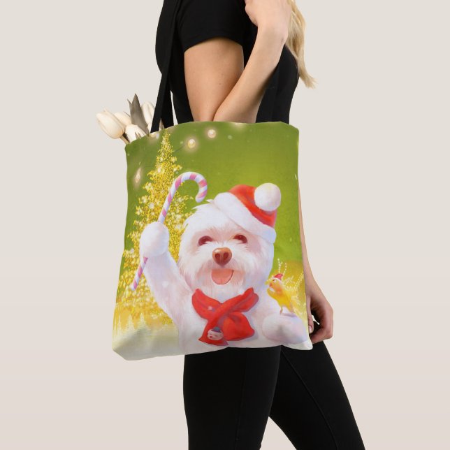 Bolsa Tote Cachorro de Natal com Canas Doces (Close Up)