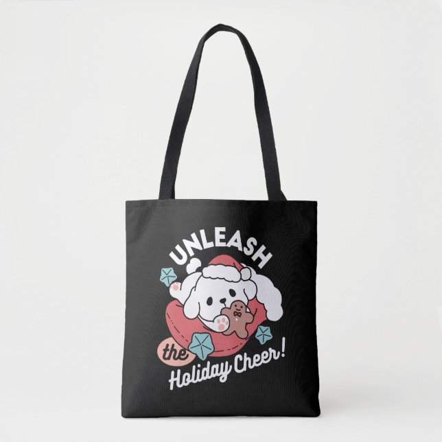 Bolsa Tote Cachorro de Natal em Santa Hat - Feriado Cheque pa (Frente)