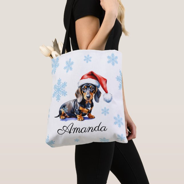 Bolsa Tote Cachorro de Natal Preto e Tan (Close Up)