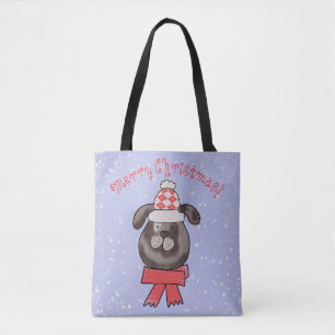 Bolsa Tote Cachorro de Natal usando boné e cachecol de tricô