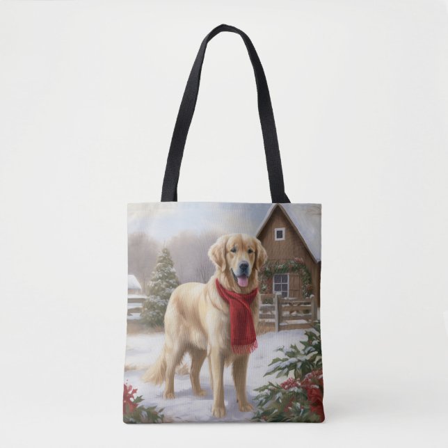 Bolsa Tote Cachorro de ouro no Natal da Neve (Frente)