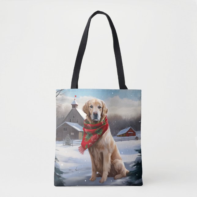 Bolsa Tote Cachorro de ouro no Natal da Neve (Frente)