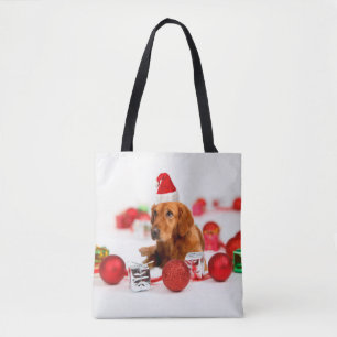 Bolsa Tote Cachorro de ouro W Red Santa Hat