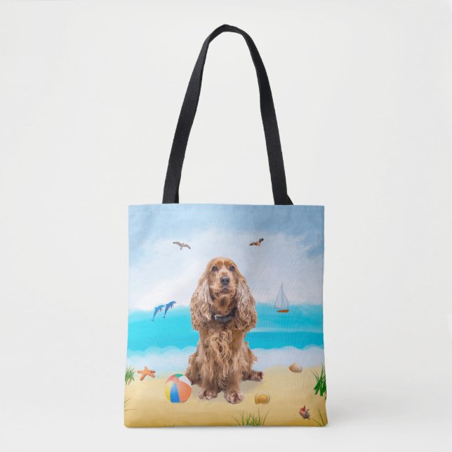 Bolsa Tote Cachorro do Cocker Spaniel em Praia (Frente)