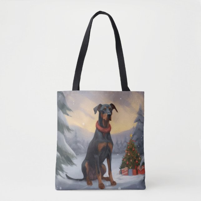 Bolsa Tote Cachorro Doberman no Natal da Neve (Frente)