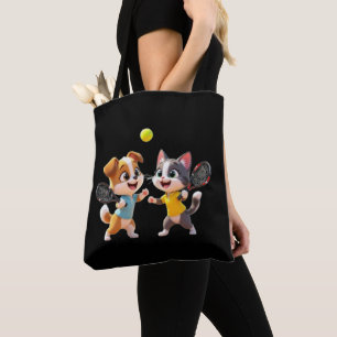 Bolsa Tote Cachorro e Gato de Desenho Animado Fofo Jogando Pa