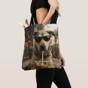 Bolsa Tote Cachorro Engraçado e Legal Bebendo Café Gelado