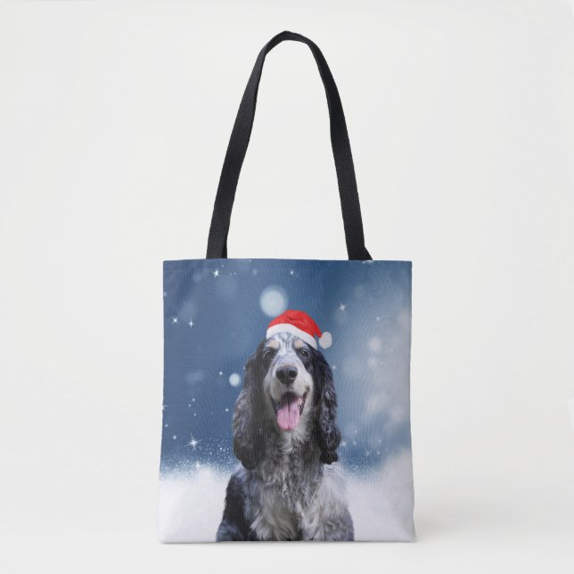 Bolsa Tote Cachorro Espanhol Com O Chapéu De Natal (Frente)