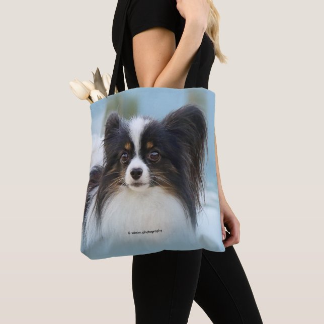 Bolsa Tote Cachorro Espanhol de Papillon Bonito na Boca (Close Up)