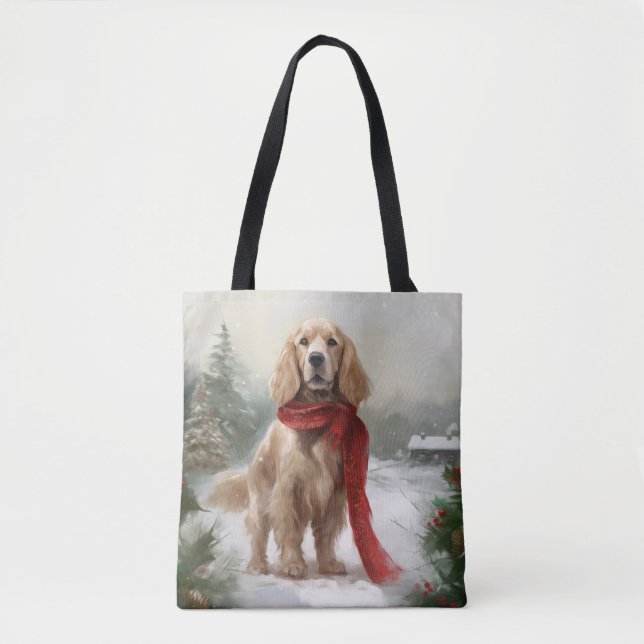 Bolsa Tote Cachorro Espanhol na Neve no Natal (Frente)
