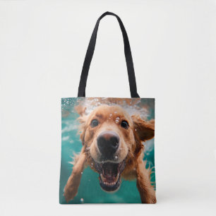 Bolsa Tote Cachorro Feliz da Raça Golden Retriever Nadando Su