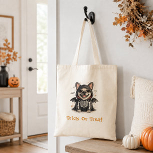 Bolsa Tote Cachorro francês bulldog Halloween esqueleto truqu