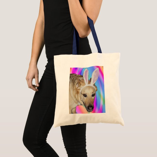 Bolsa Tote Cachorro German shepherd Engraçado e Ouvidos Coelh (Frente (produto))