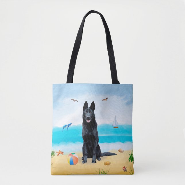 Bolsa Tote Cachorro German shepherd Negro na praia (Frente)