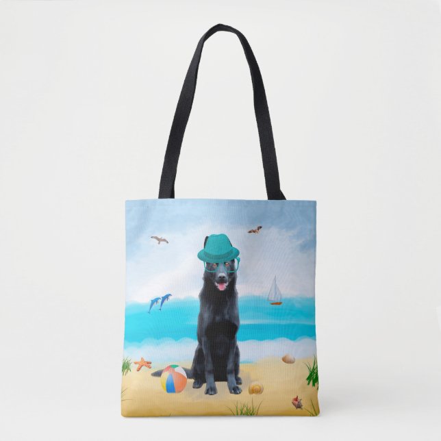Bolsa Tote Cachorro German shepherd Negro na praia (Frente)