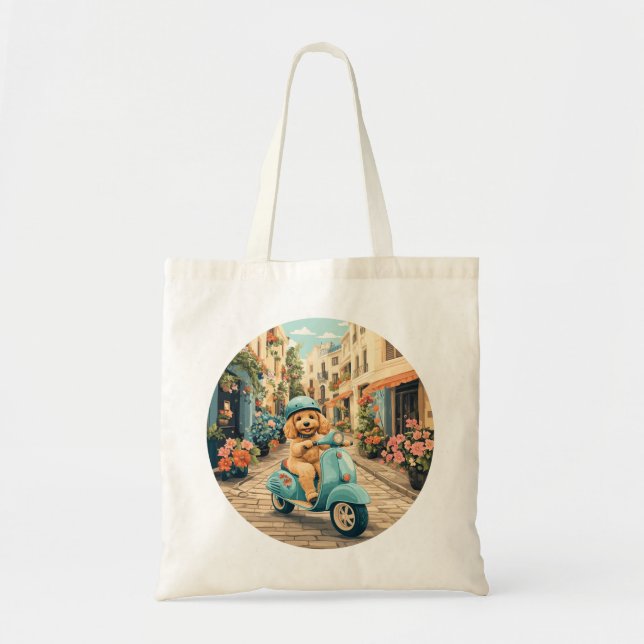 Bolsa Tote Cachorro Goldendoodle andando de scooter pelas rua (Frente)