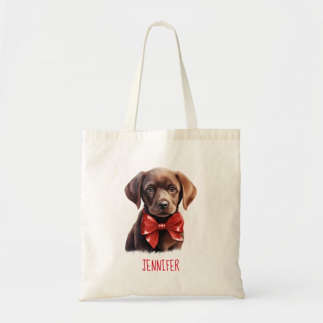 Bolsa Tote Cachorro Labrador Chocolate Vestindo arco vermelho (Frente)