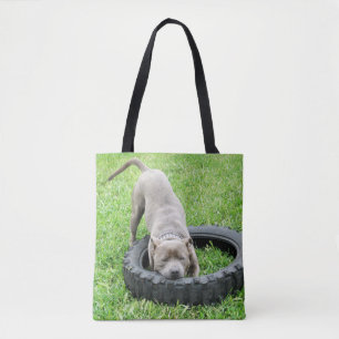 Bolsa Tote Cachorro Macho Jovem Staffy Brincando Com Seu Pneu