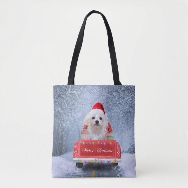 Bolsa Tote Cachorro Maltês em Neve sentado no Caminhão de Nat (Frente)