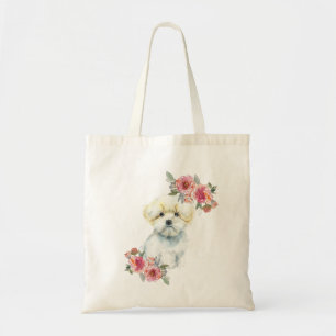 Bolsa Tote Cachorro Maluco Maltês com Flores Aquarela