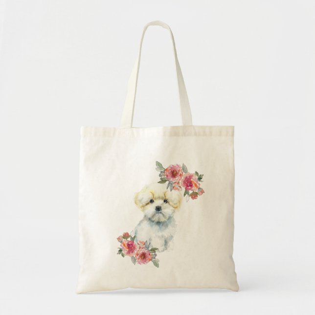 Bolsa Tote Cachorro Maluco Maltês com Flores Aquarela (Frente)