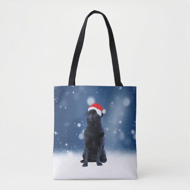 Bolsa Tote Cachorro Negro Cachorro Cachorro Natal Neve Stars (Frente)