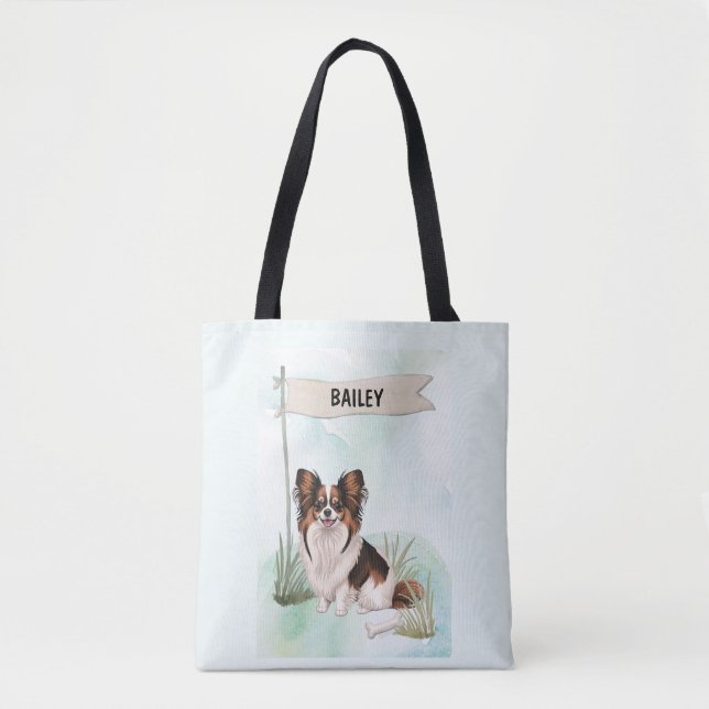 Bolsa Tote Cachorro Papillon Aquarela Personalizado (Frente)
