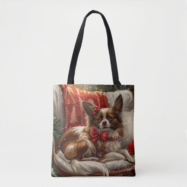 Bolsa Tote Cachorro Papillon Natal Festivo (Frente)