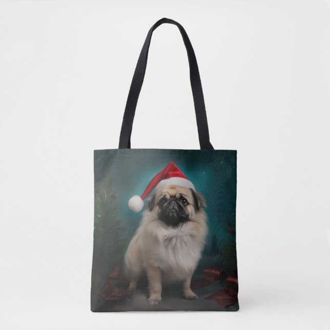 Bolsa Tote Cachorro Pekingês no Natal da Neve (Frente)